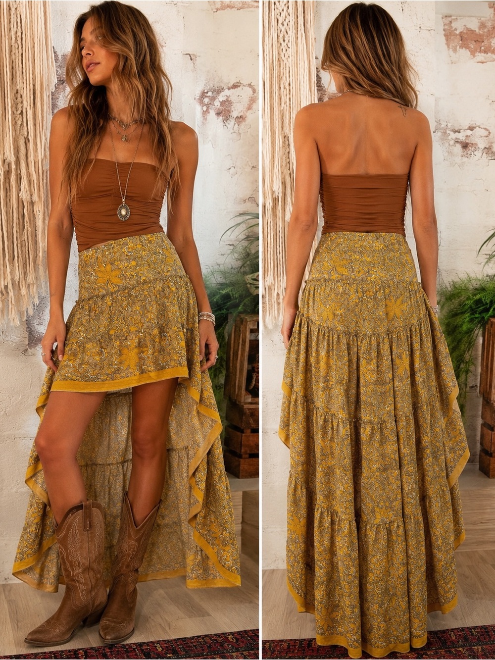 Silk Boho Tiered Yellow Floral High-Low Skirt